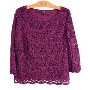 Talbots Purple Crochet Lace Top Size 14 Long Sleeve Boho Chic